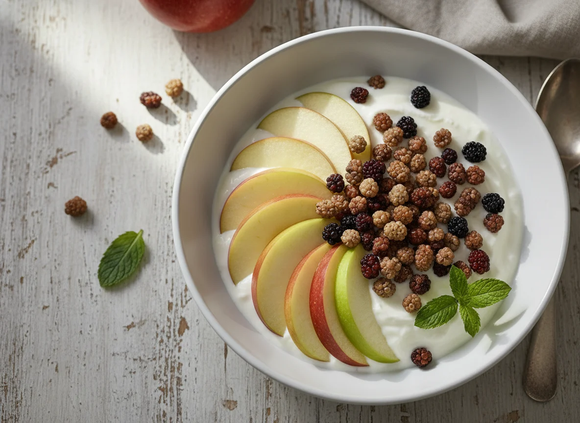 Joghurt mit Apfel und Maulbeeren photo