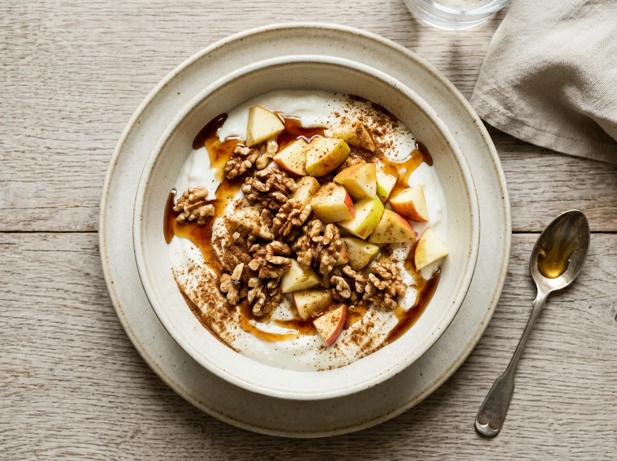 Joghurt mit Apfel, Walnüssen, Zimt und Honig photo