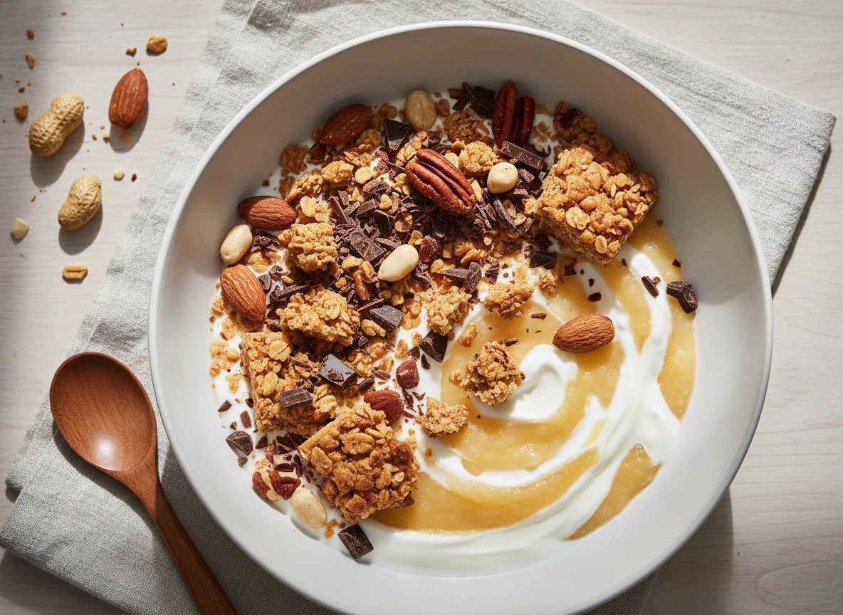 Joghurt mit Apfelmus, Müsli und Schokolade photo