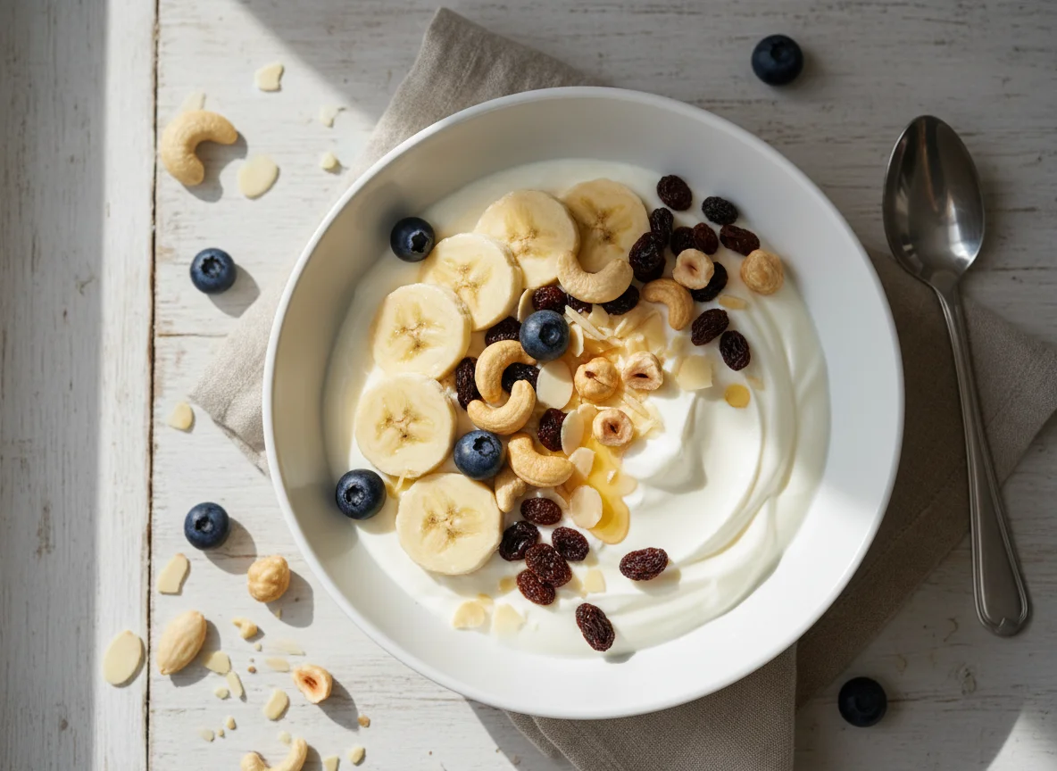 Joghurt mit Banane, Beeren und Nüssen photo