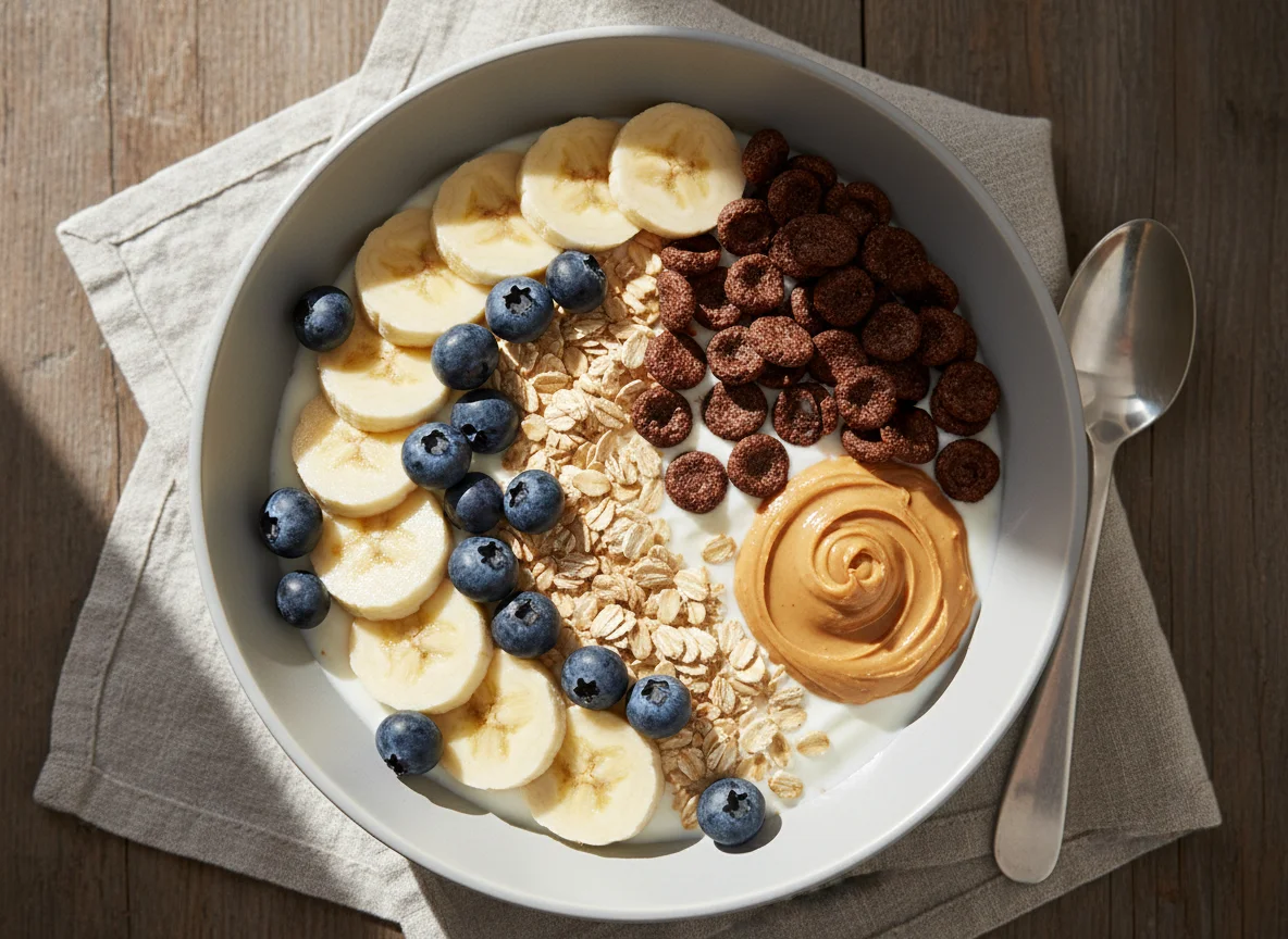 Joghurt mit Banane, Blaubeeren, Haferflocken, Schoko-Cerealien und Erdnussbutter photo