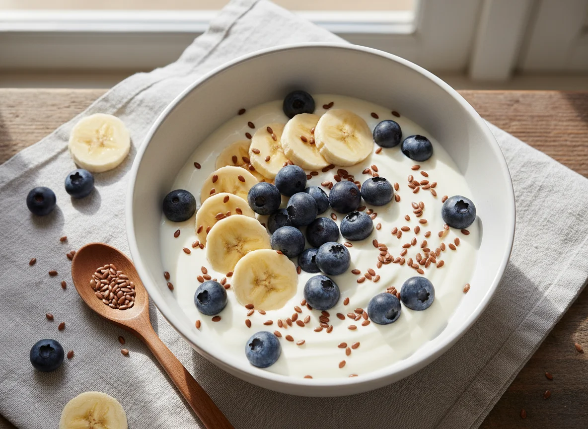 Joghurt mit Banane, Blaubeeren und Leinsamen photo