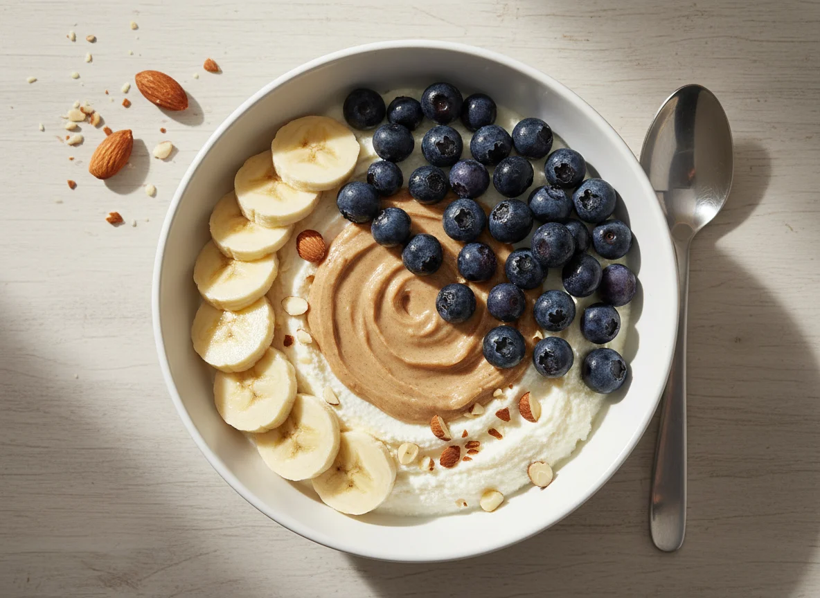 Joghurt mit Banane, Blaubeeren und Mandelmus photo