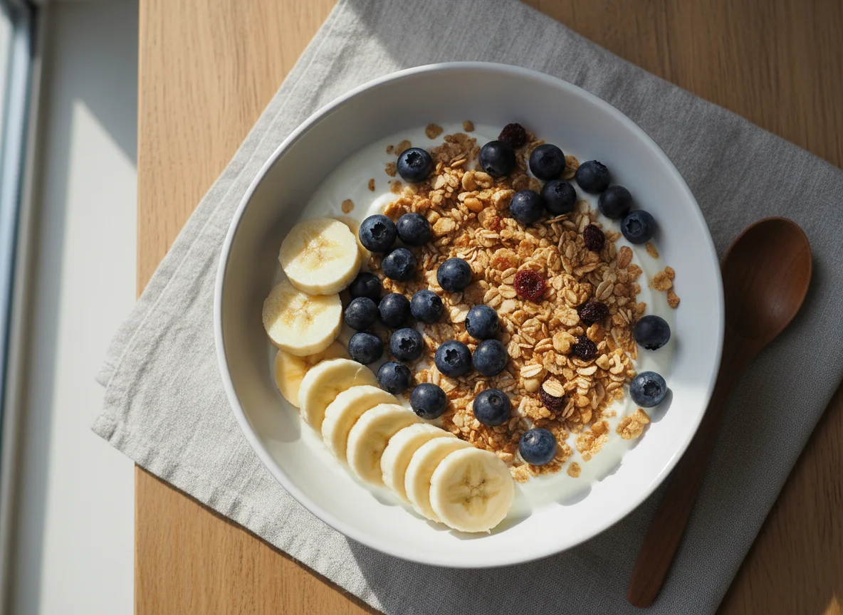 Joghurt mit Banane, Blaubeeren und Müsli photo