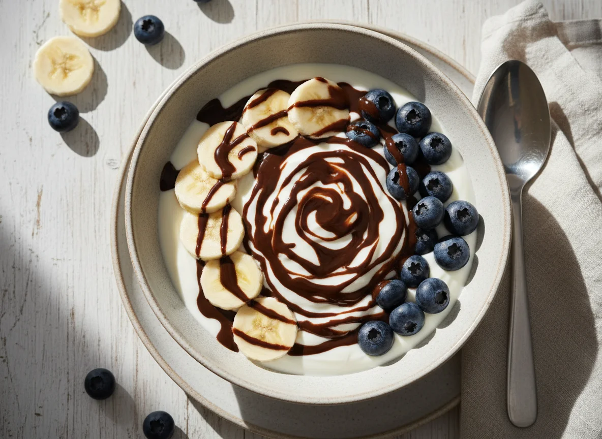 Joghurt mit Banane, Blaubeeren und Schokoladensauce photo