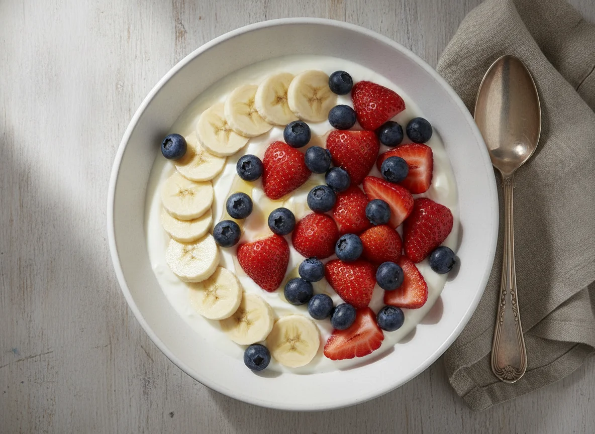 Joghurt mit Banane, Erdbeeren und Blaubeeren photo