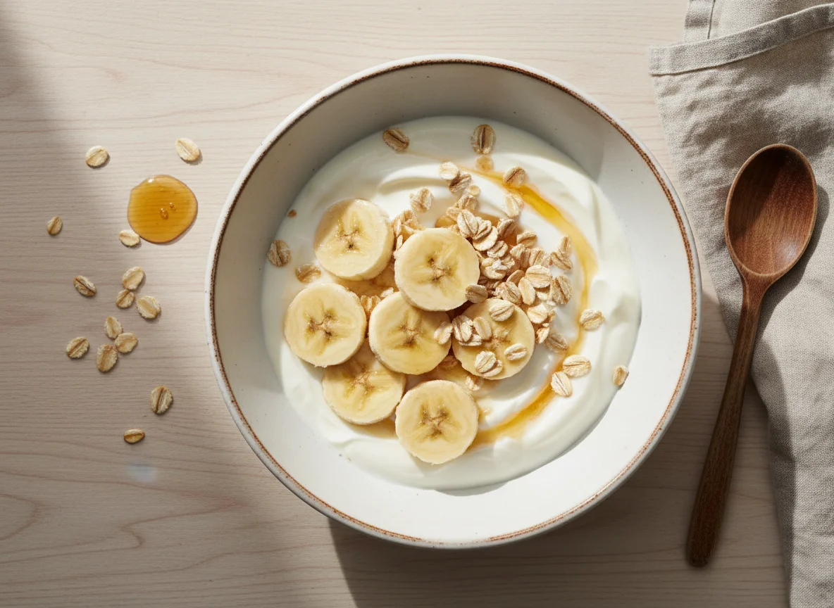 Joghurt mit Banane, Haferflocken und Honig photo