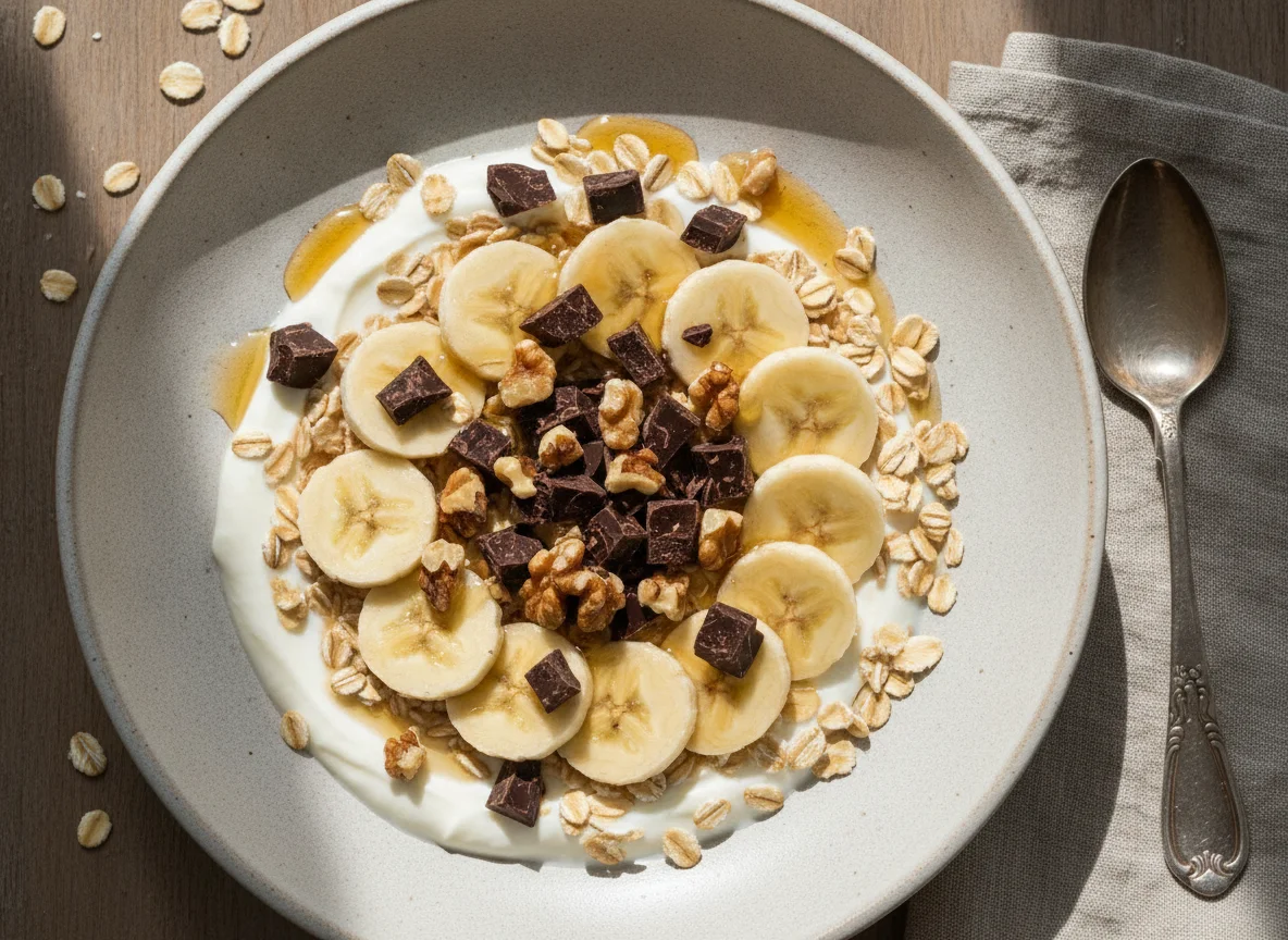 Joghurt mit Banane, Haferflocken und Toppings photo