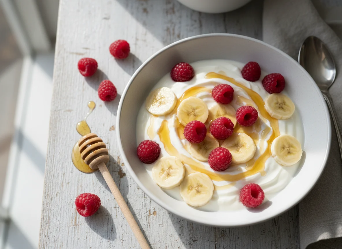 Joghurt mit Banane, Himbeeren und Honig photo