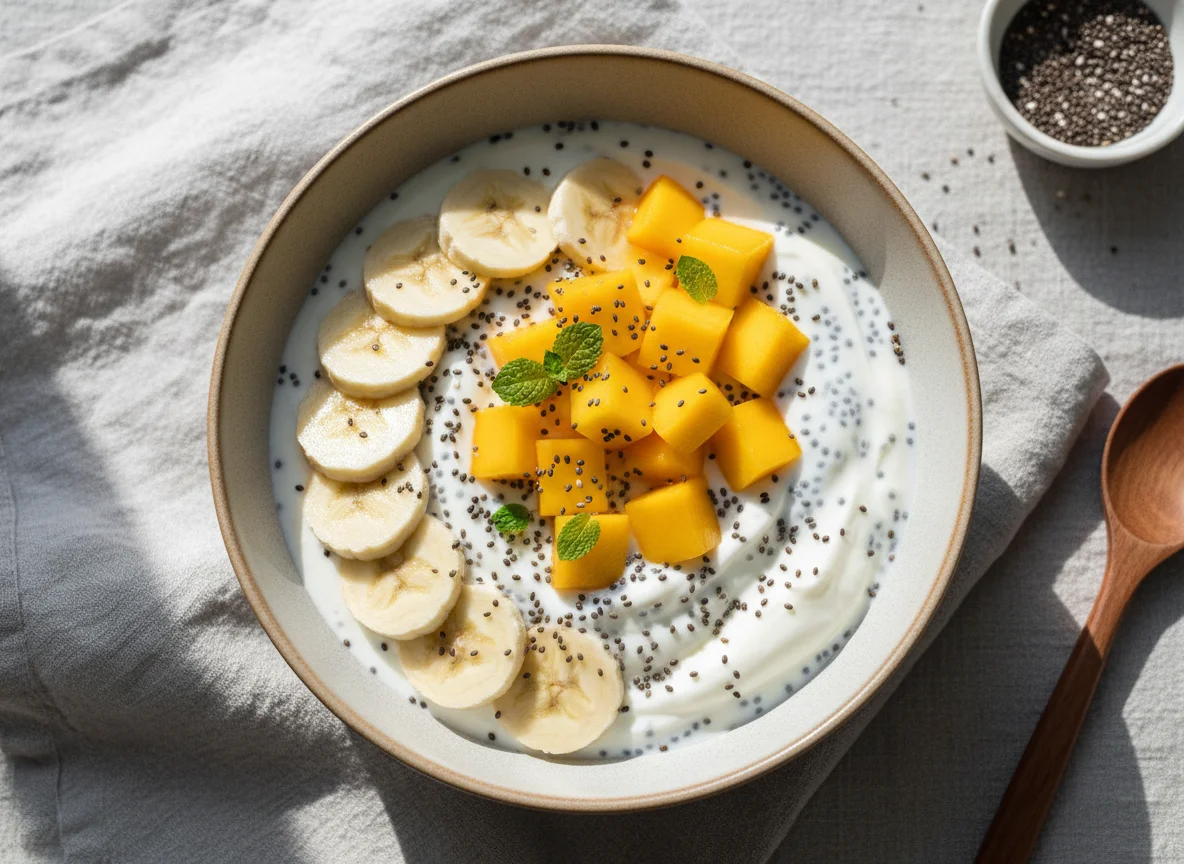 Joghurt mit Banane, Mango und Chiasamen photo