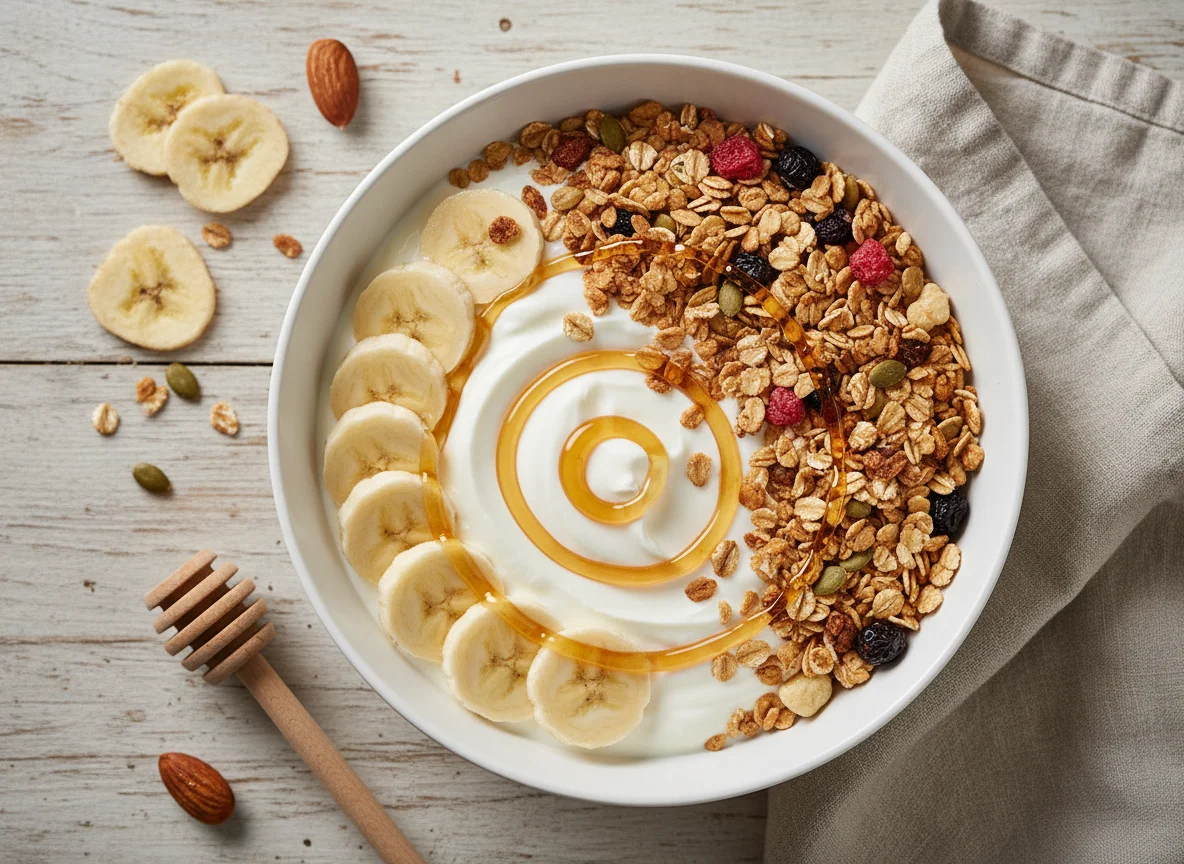 Joghurt mit Banane, Müsli und Honig photo