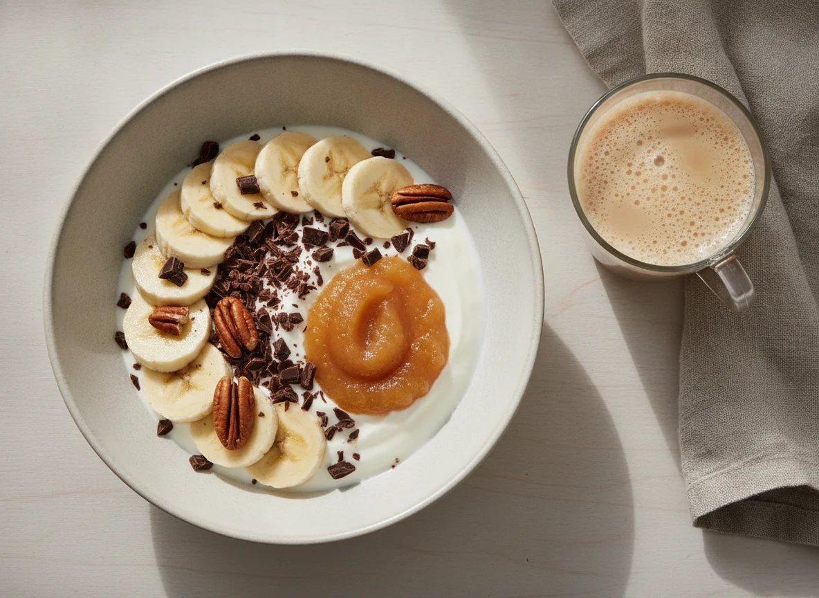 Joghurt mit Banane, Schokolade, Nüssen und Apfelmus photo
