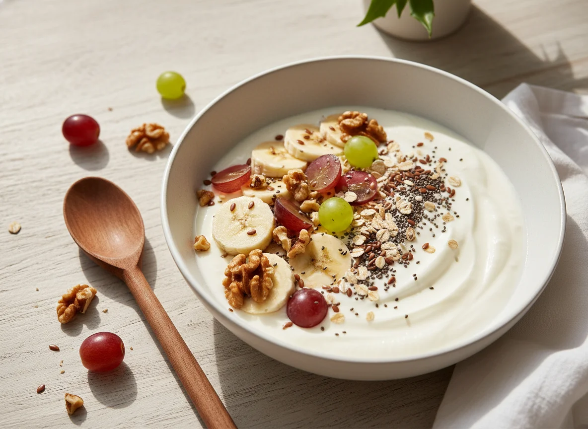 Joghurt mit Banane, Trauben, Müsli und Nüssen photo