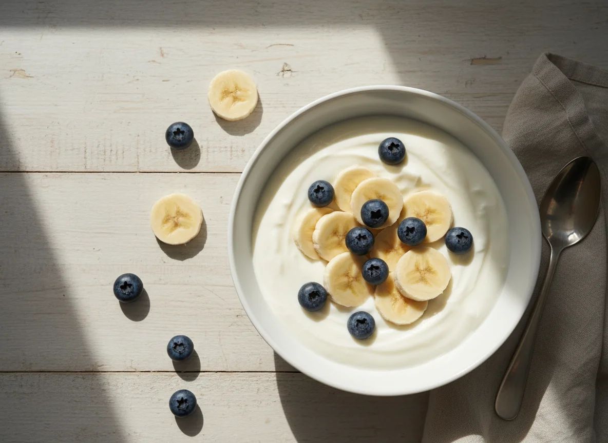 Joghurt mit Banane und Heidelbeeren photo