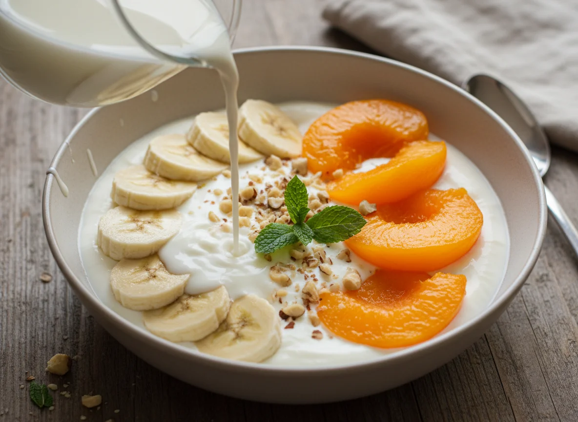 Joghurt mit Banane und Pfirsich photo