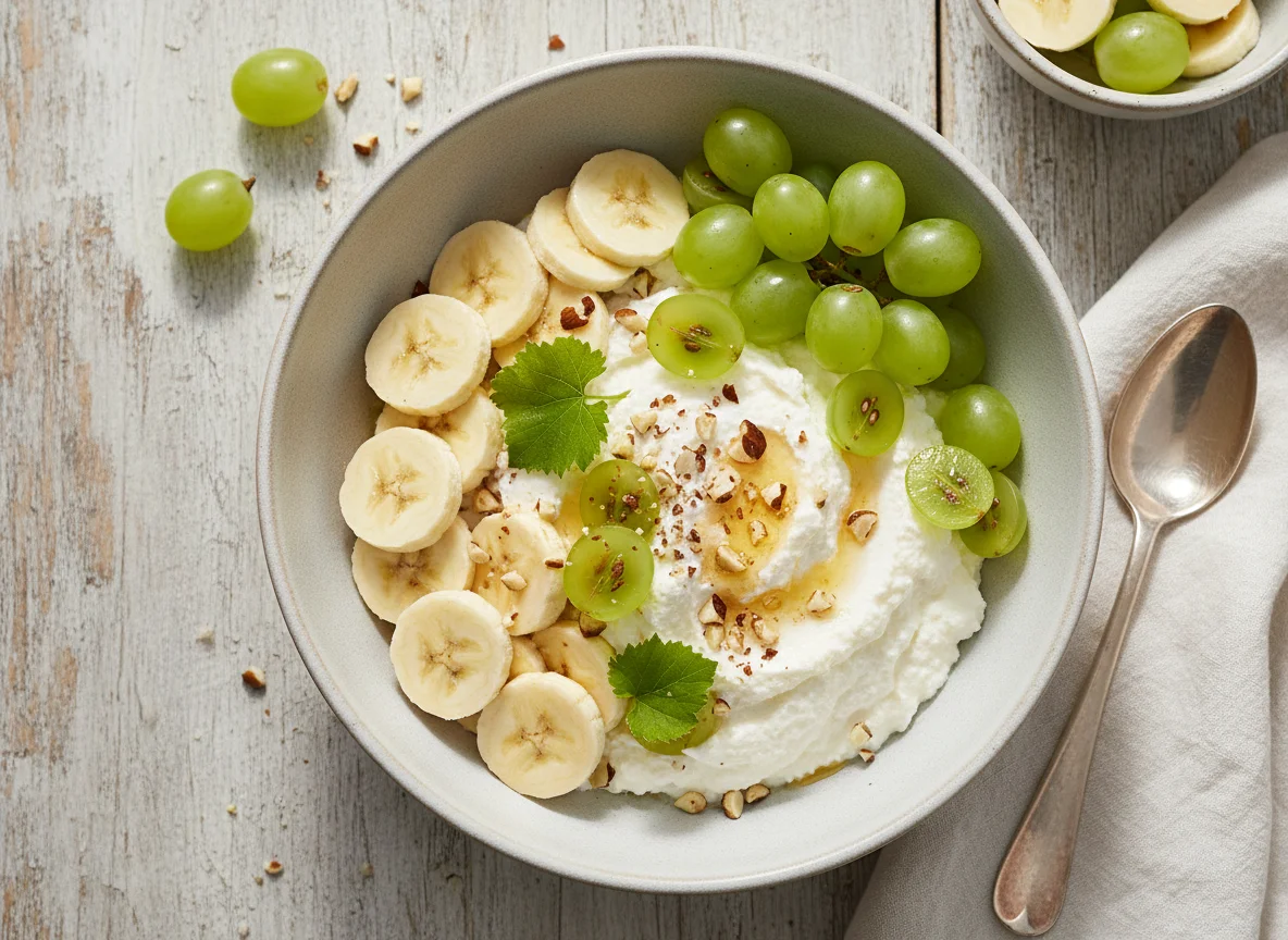 Joghurt mit Banane und Trauben photo
