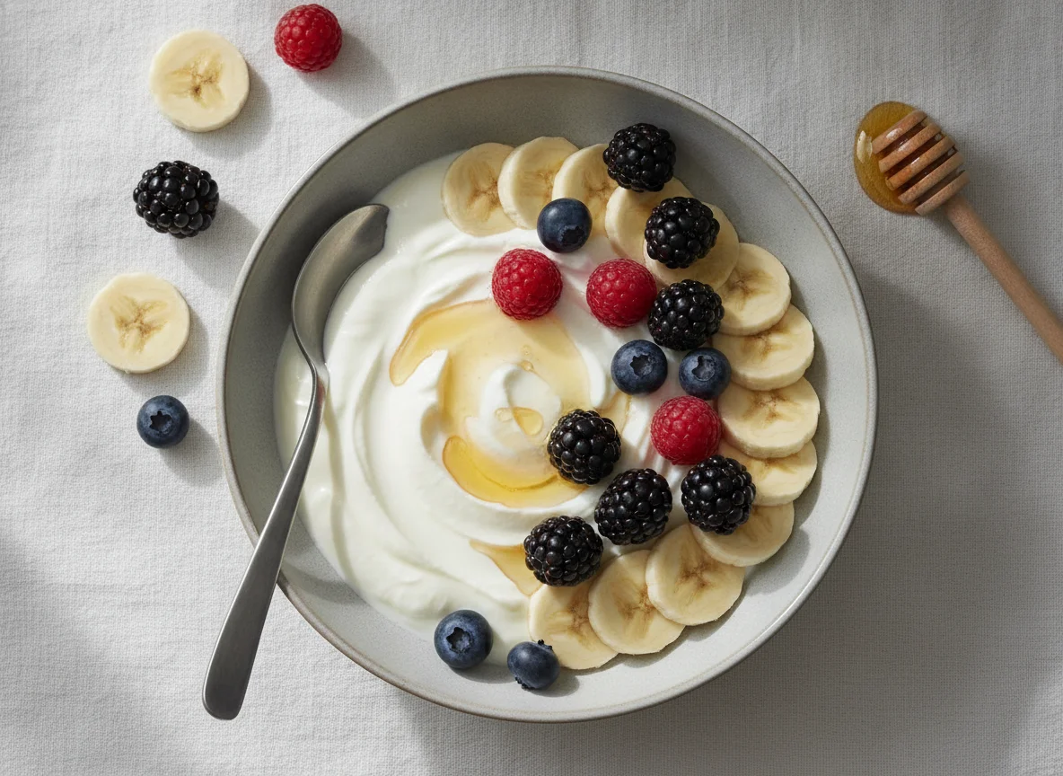 Joghurt mit Bananen und Beeren photo