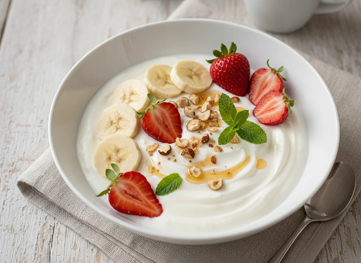Joghurt mit Bananen und Erdbeeren photo
