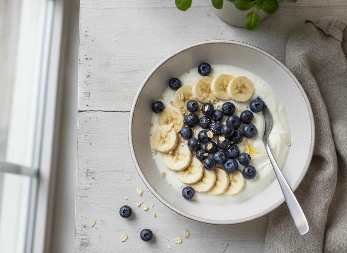 Joghurt mit Bananen und Heidelbeeren photo