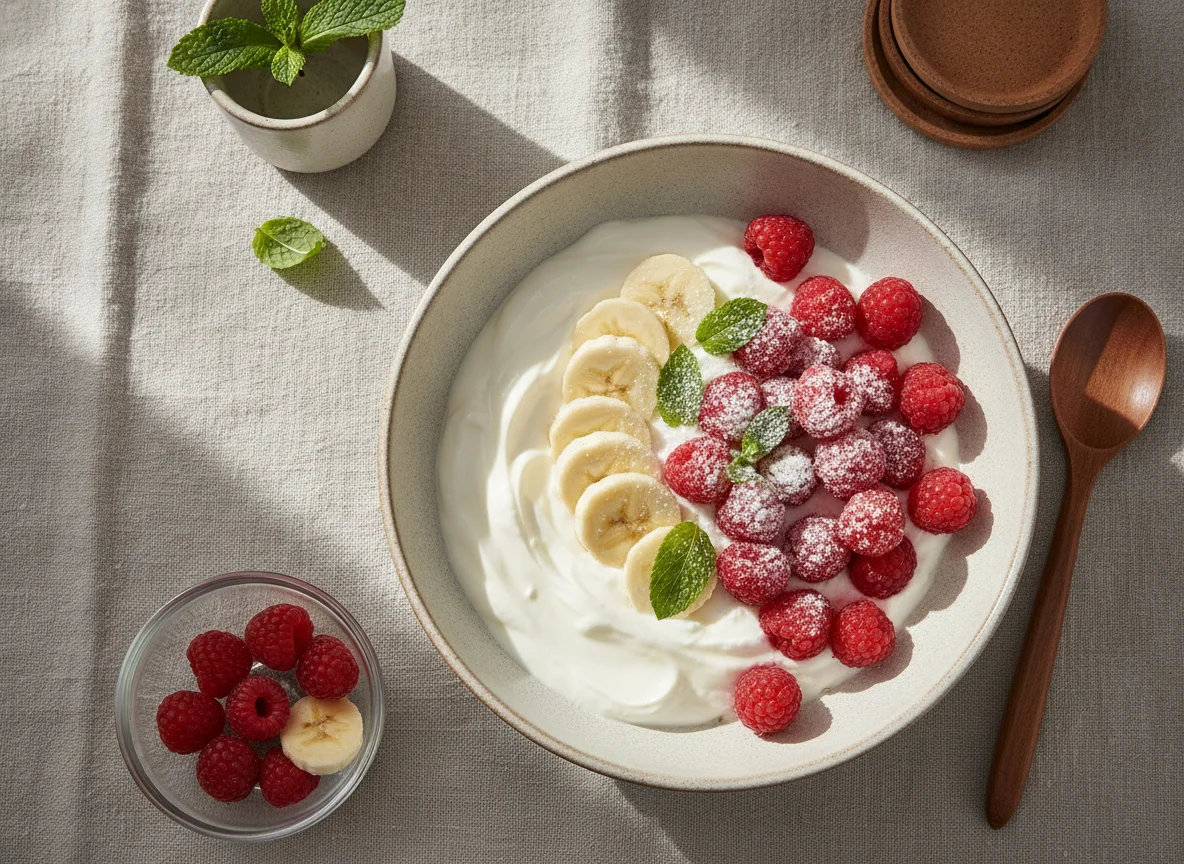 Joghurt mit Bananen und Himbeeren photo