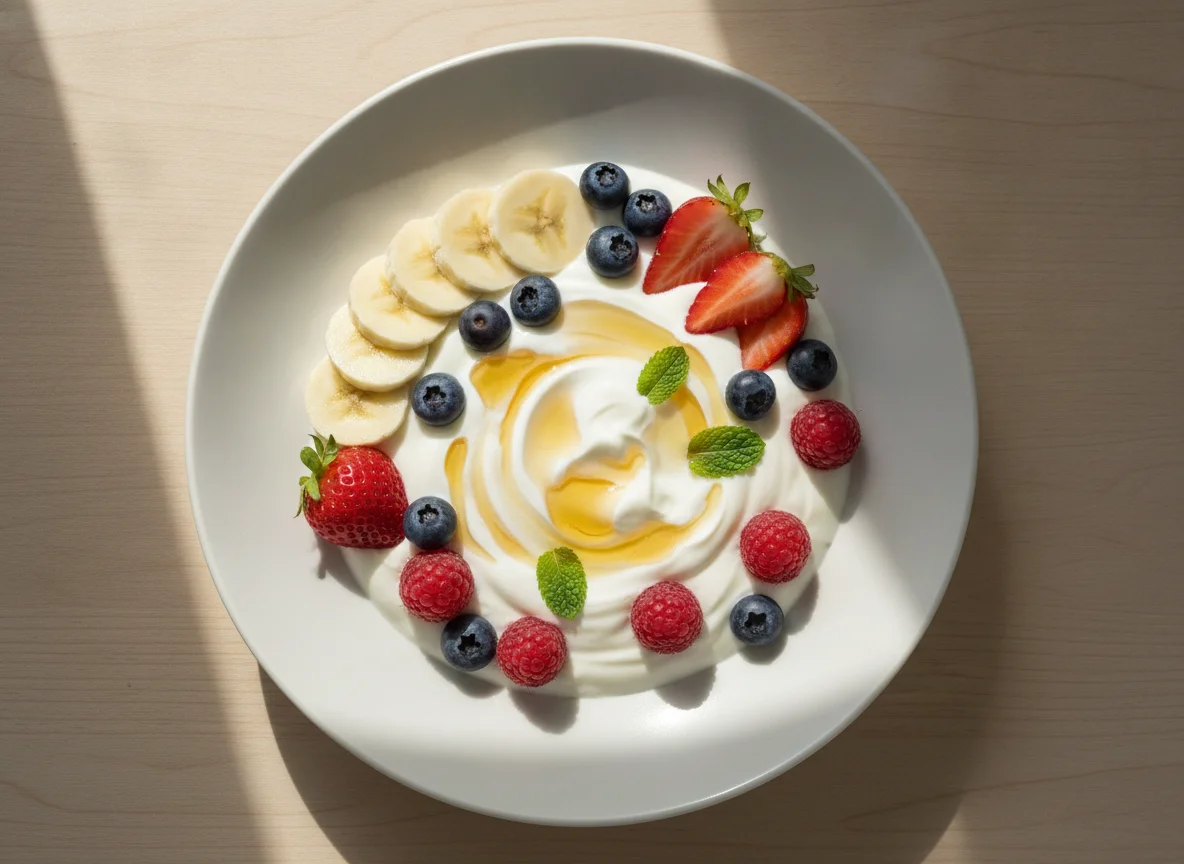 Joghurt mit Beeren, Banane und Honig photo