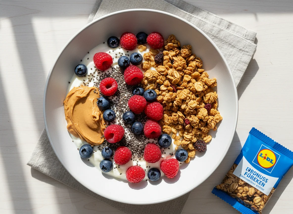 Joghurt mit Beeren, Chiasamen, Erdnussbutter und Granola photo