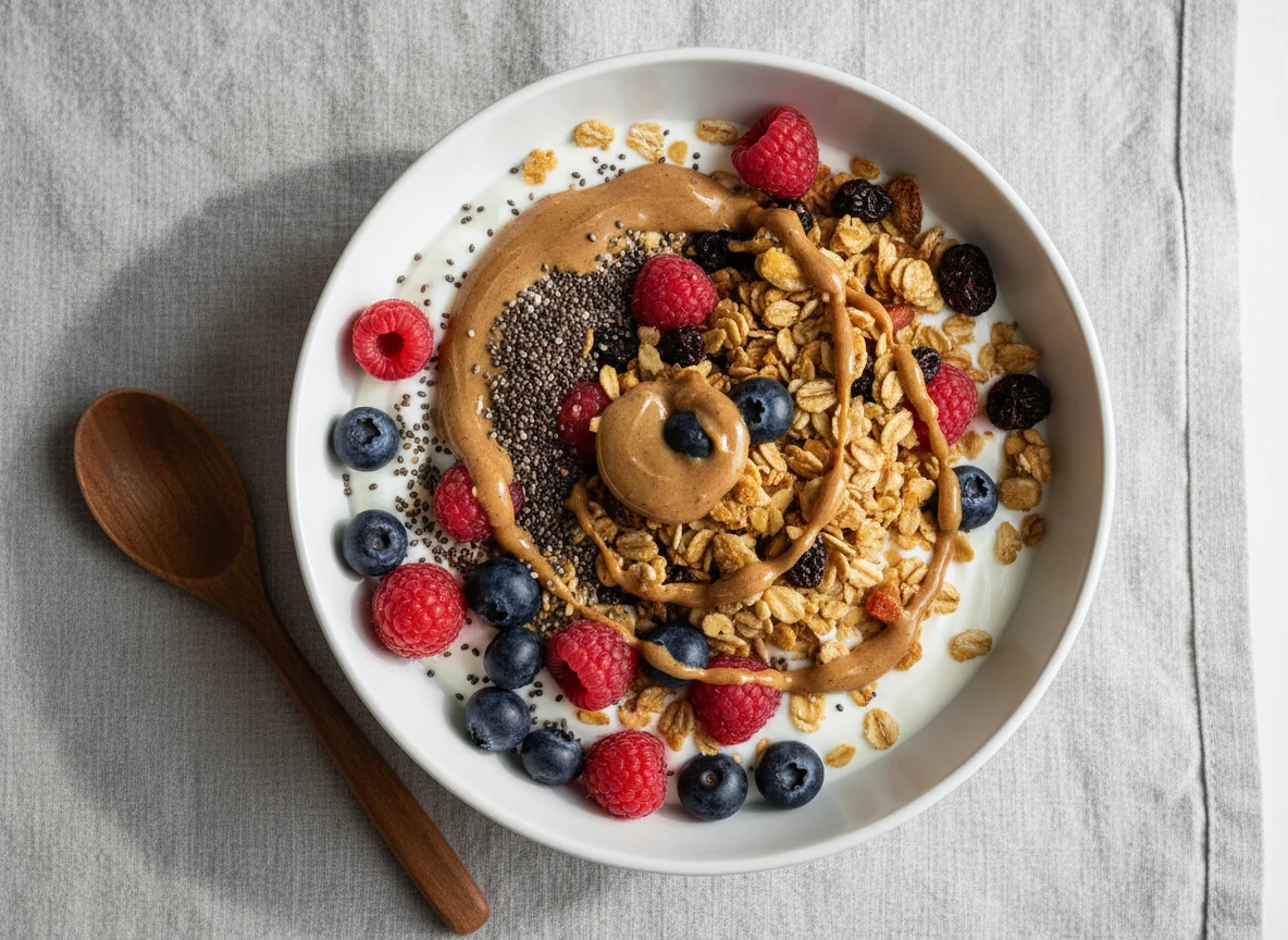 Joghurt mit Beeren, Chiasamen, Müsli und Nussmus photo