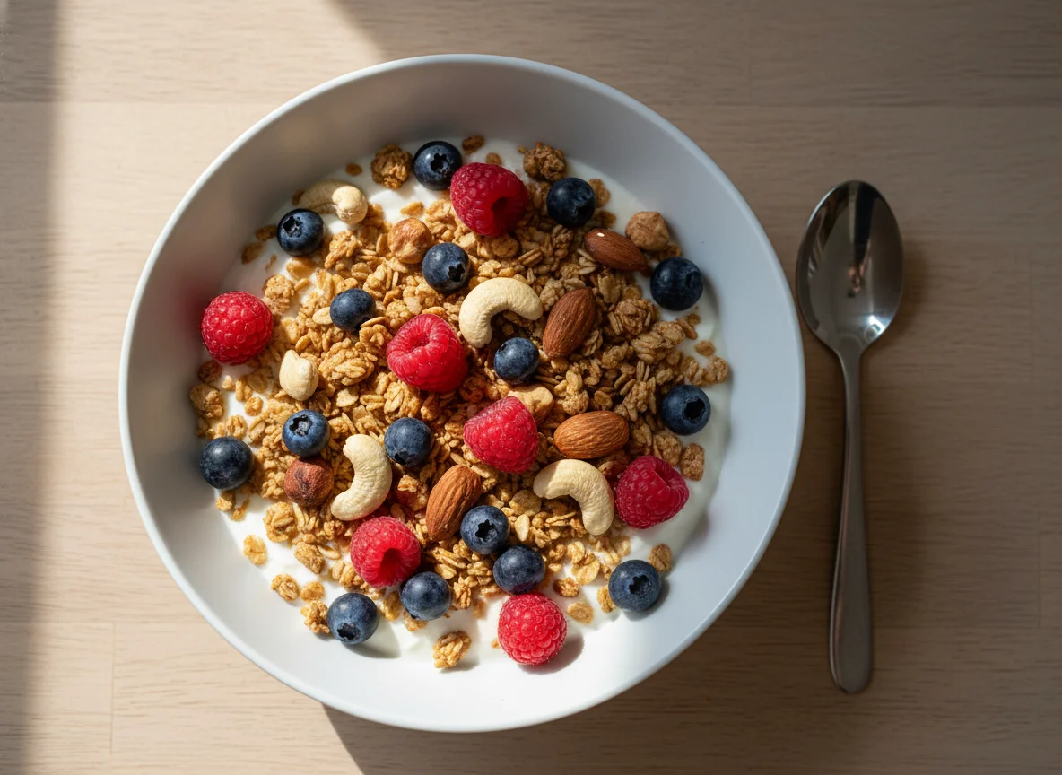Joghurt mit Beeren, Granola und Nüssen photo