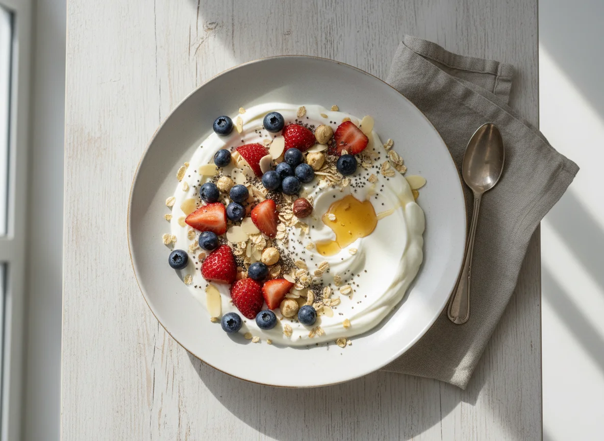Joghurt mit Beeren, Haferflocken und Nüssen photo