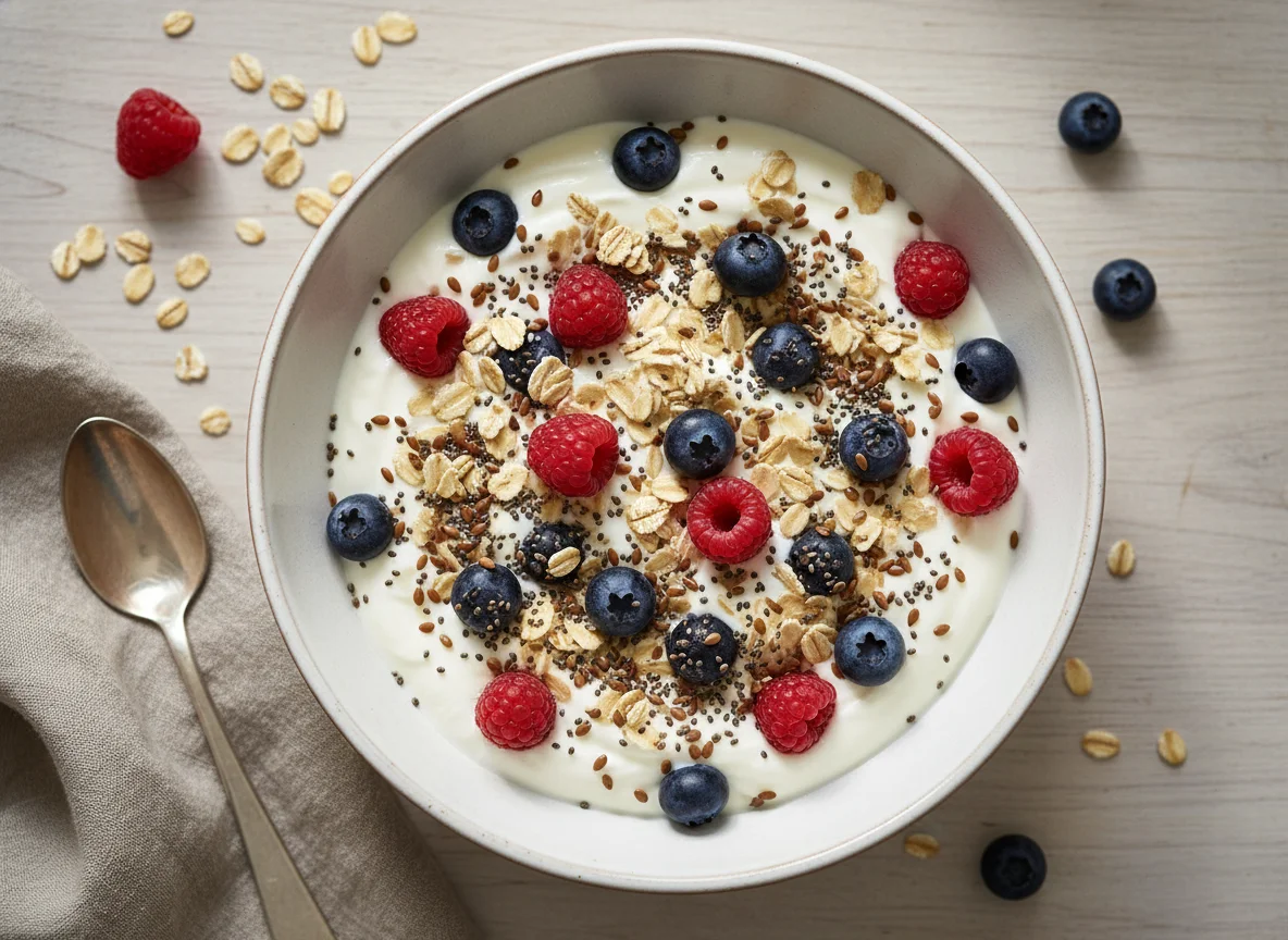 Joghurt mit Beeren, Haferflocken und Samen photo