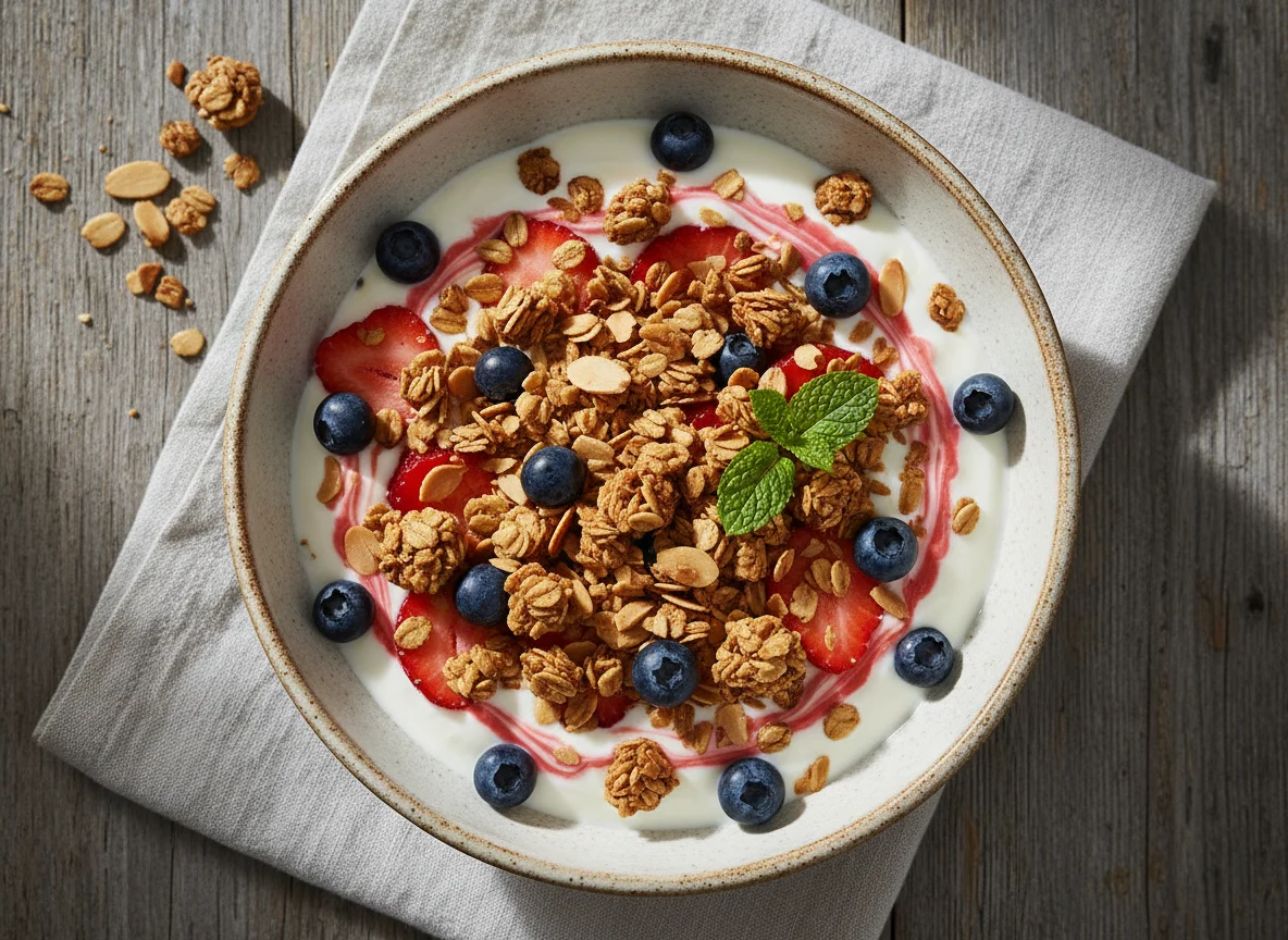 Joghurt mit Beeren, Mandeln und Granola photo