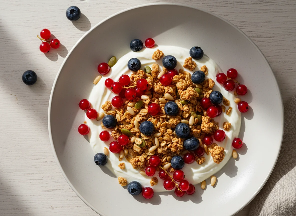 Joghurt mit Beeren, Müsli und Kernen photo