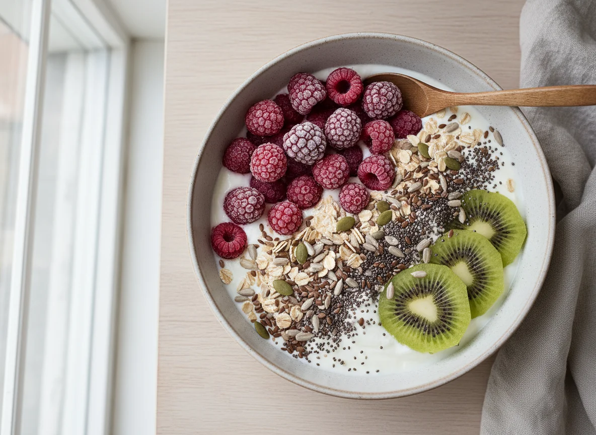 Joghurt mit Beeren, Müsli und Samen photo
