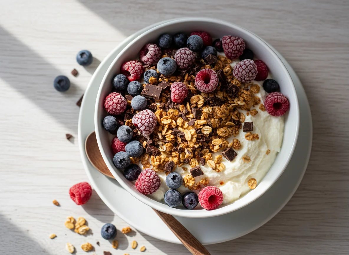 Joghurt mit Beeren, Müsli und Schokolade photo
