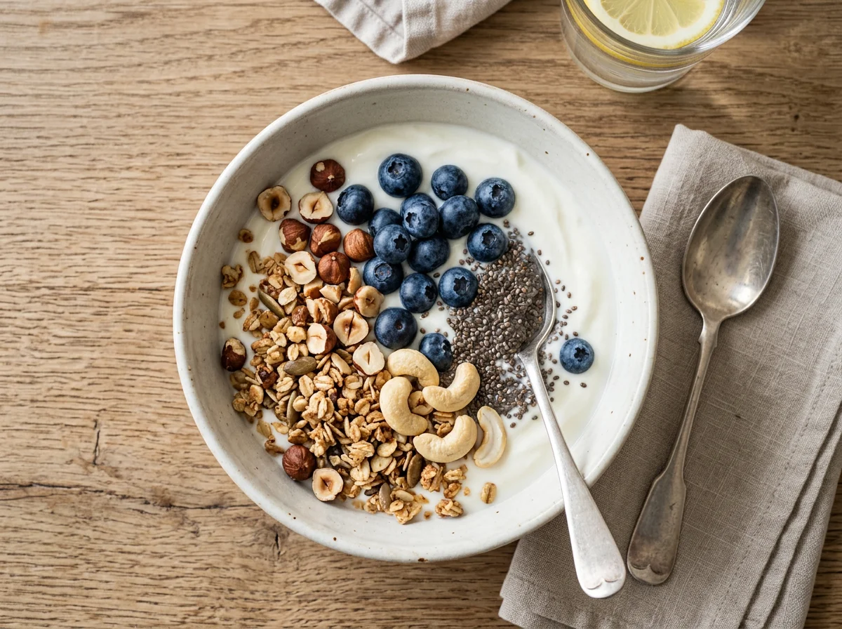 Joghurt mit Beeren, Nüssen und Chiasamen photo