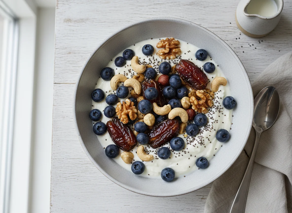 Joghurt mit Beeren, Nüssen und Datteln photo