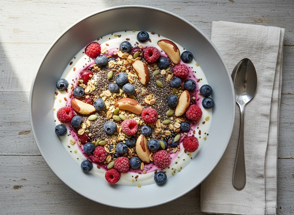 Joghurt mit Beeren, Nüssen und Samen photo