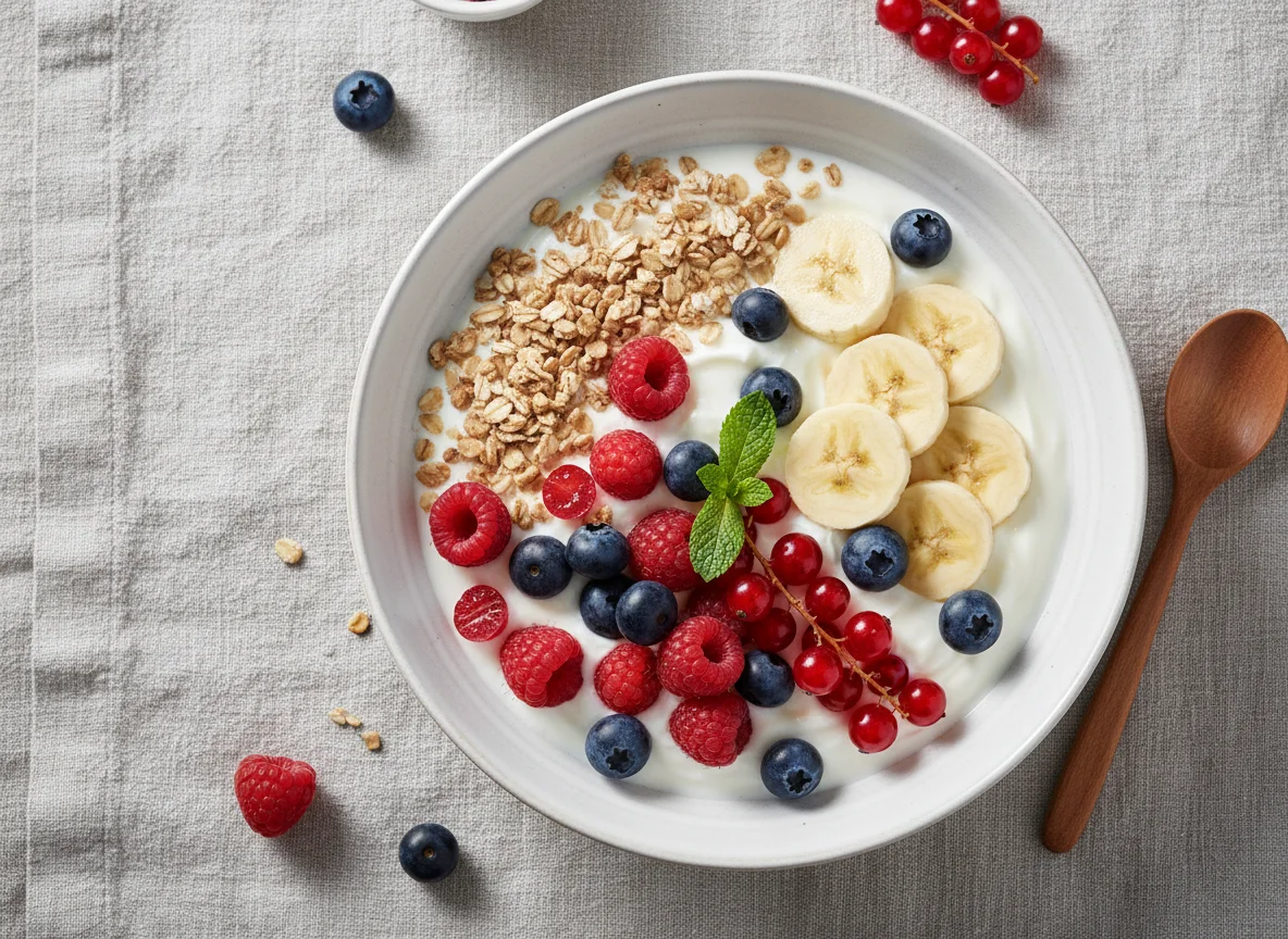 Joghurt mit Beeren und Banane photo