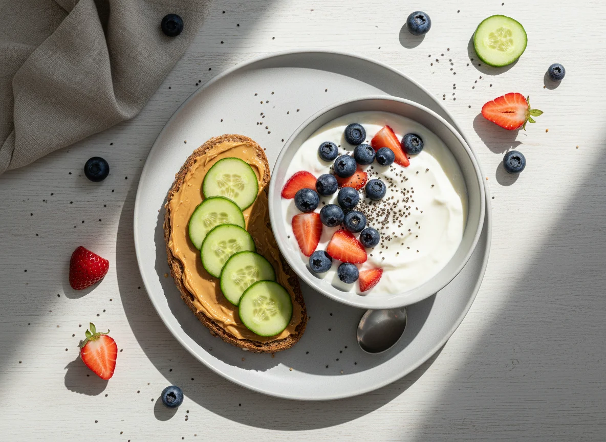 Joghurt mit Beeren und Chiasamen, Brot mit Aufstrich und Gurke photo