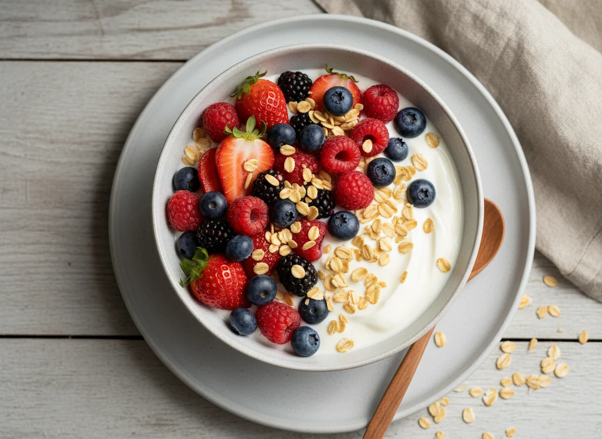 Joghurt mit Beeren und Haferflocken photo