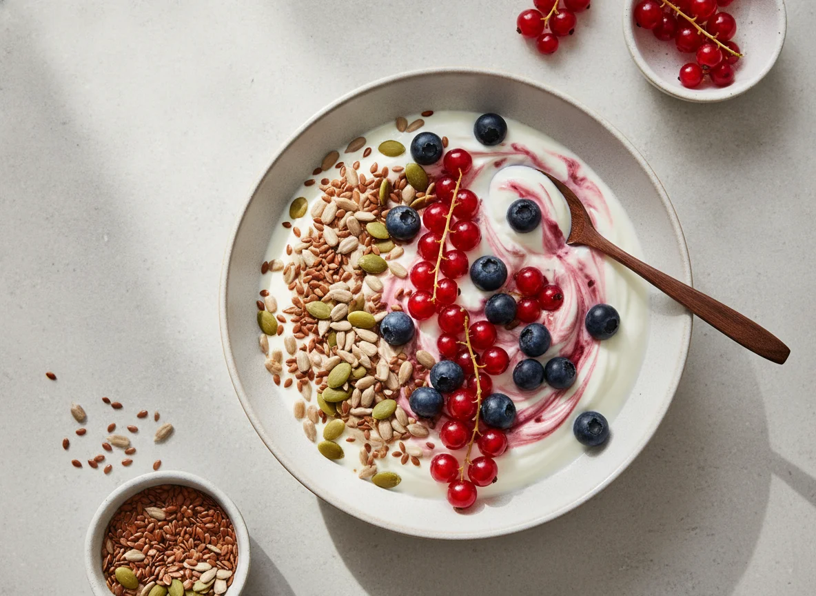 Joghurt mit Beeren und Kernen photo