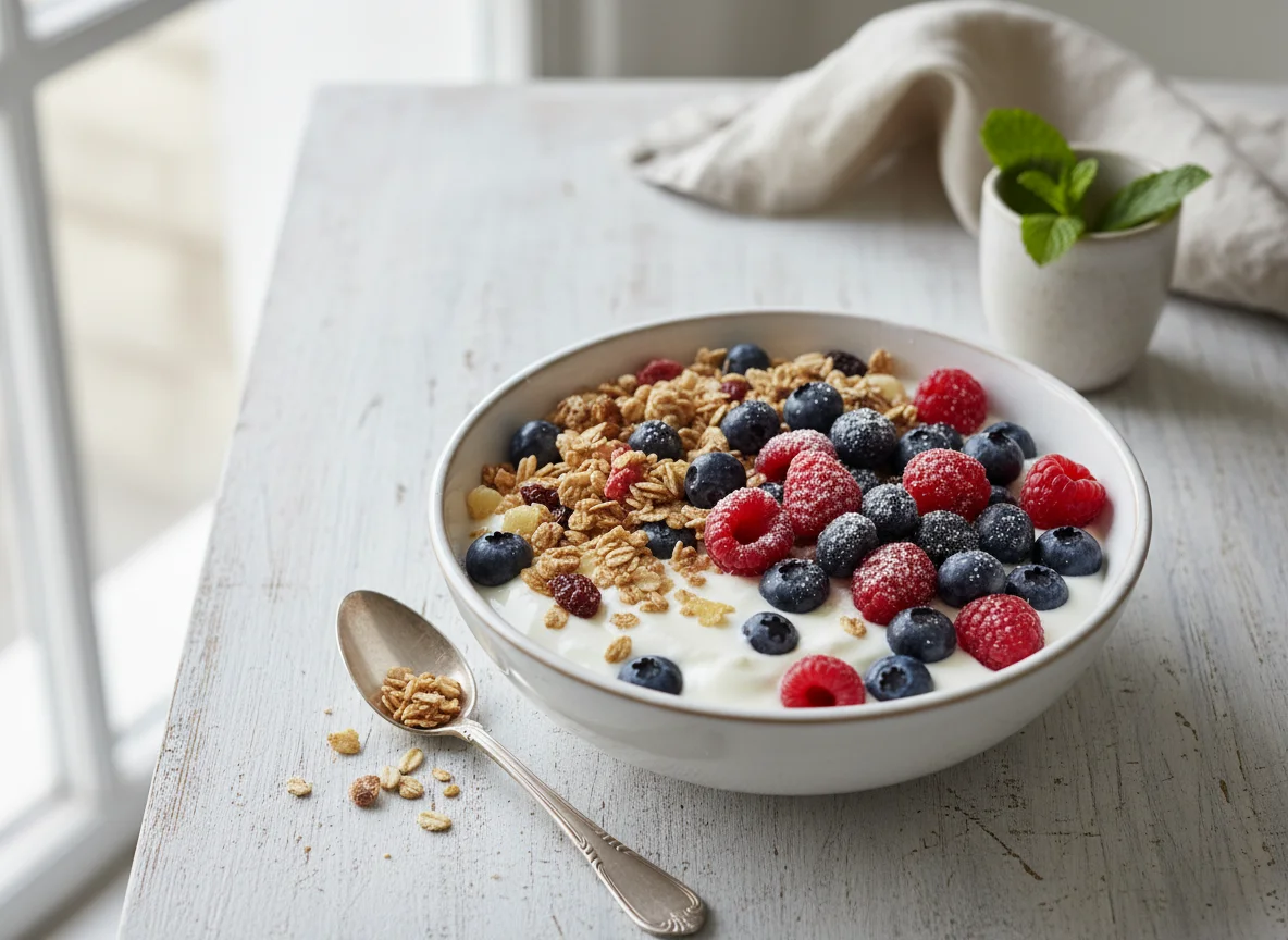 Joghurt mit Beeren und Müsli photo