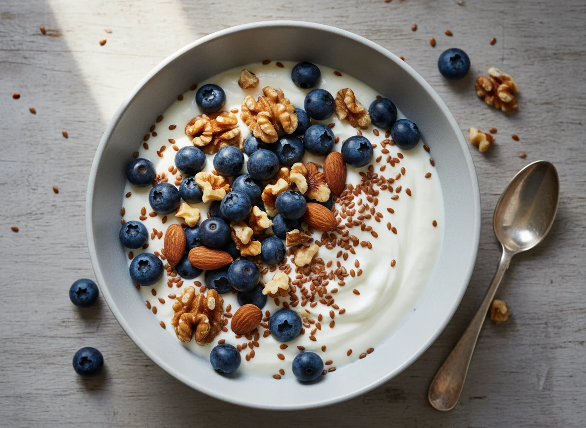 Joghurt mit Beeren und Nüssen photo