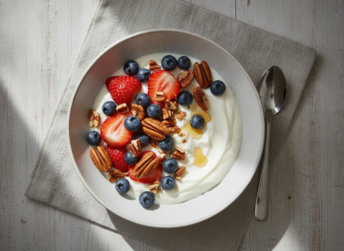 Joghurt mit Beeren und Pekannüssen photo