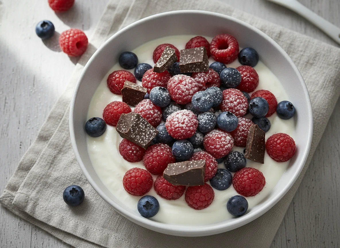 Joghurt mit Beeren und Schokoladenstücken photo