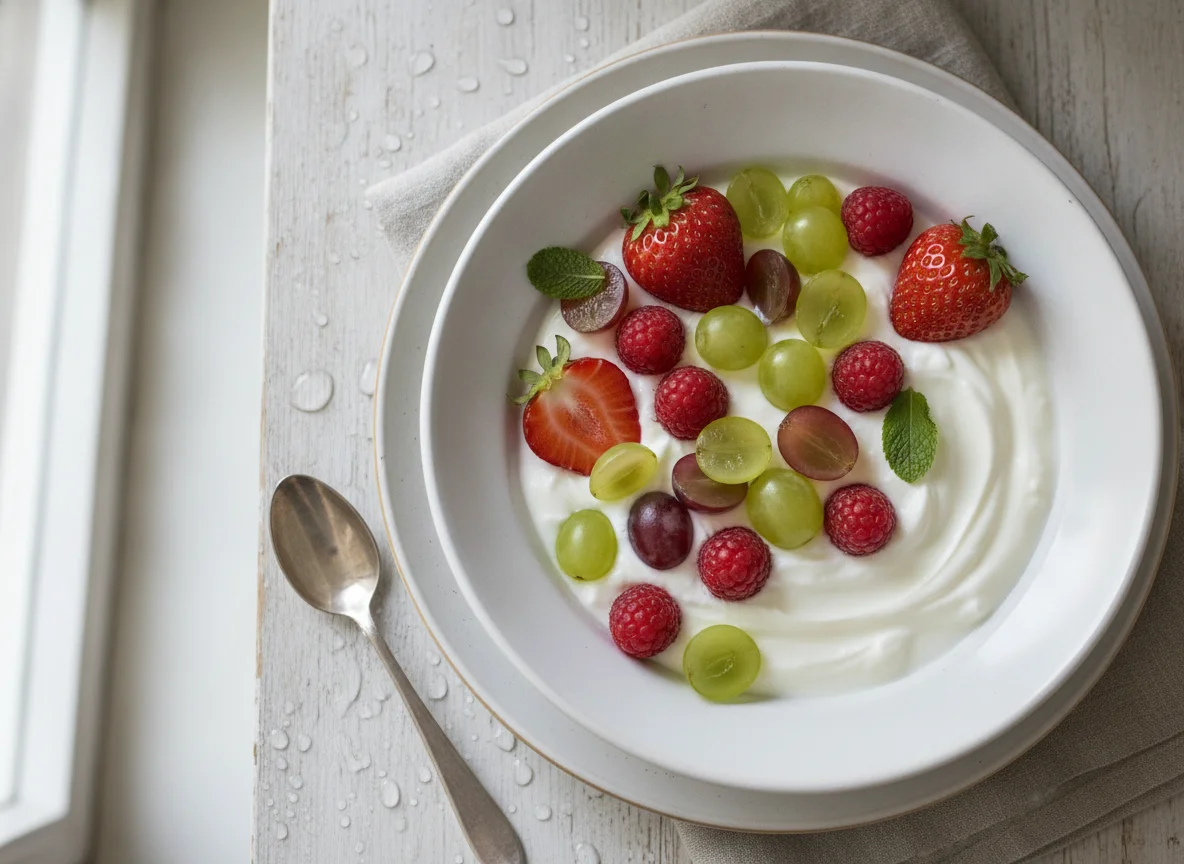 Joghurt mit Beeren und Weintrauben photo
