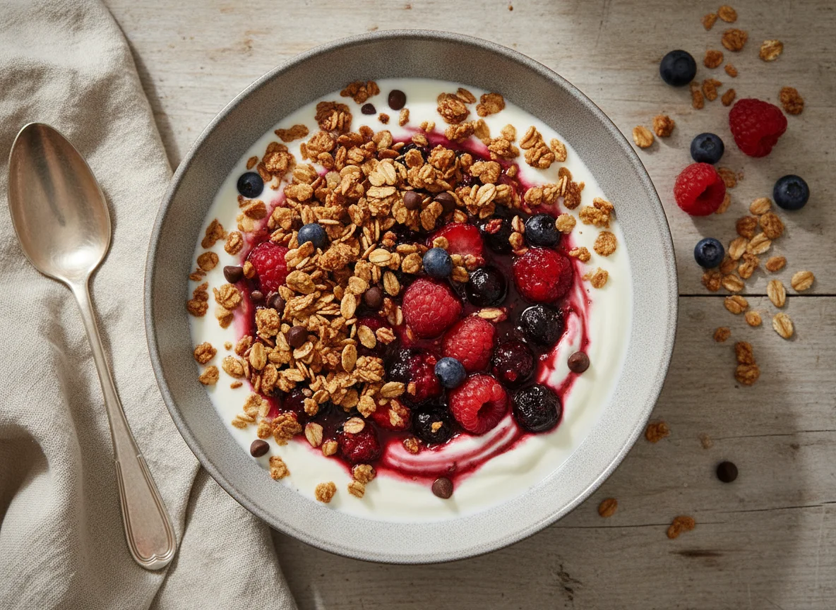 Joghurt mit Beerenkompott und Müsli photo
