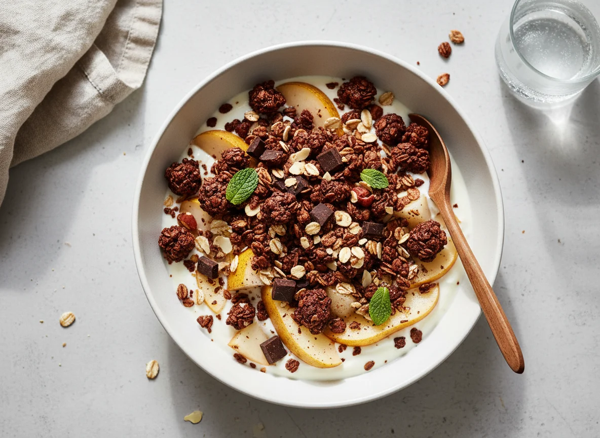 Joghurt mit Birne und Müsli photo