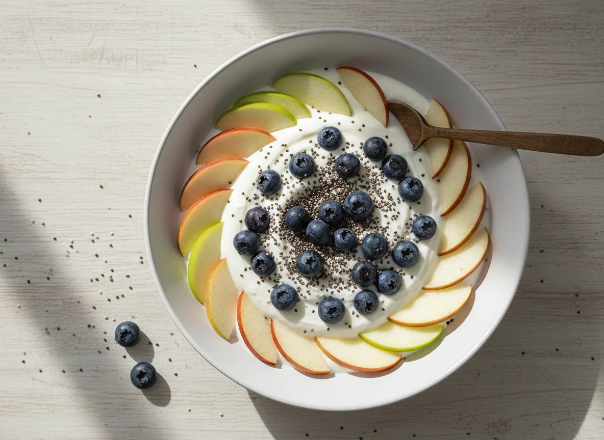 Joghurt mit Blaubeeren, Chiasamen und Apfel photo