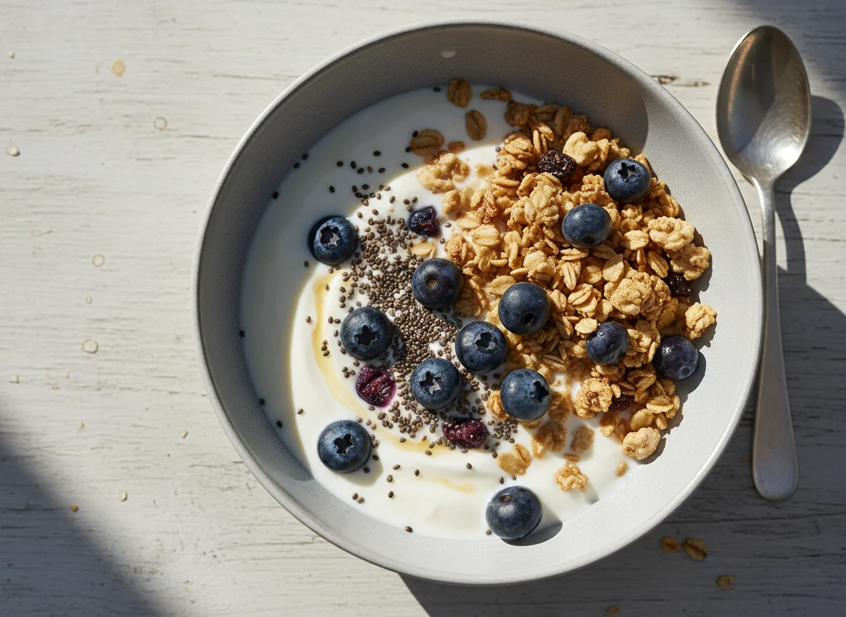 Joghurt mit Blaubeeren, Chiasamen und Müsli photo